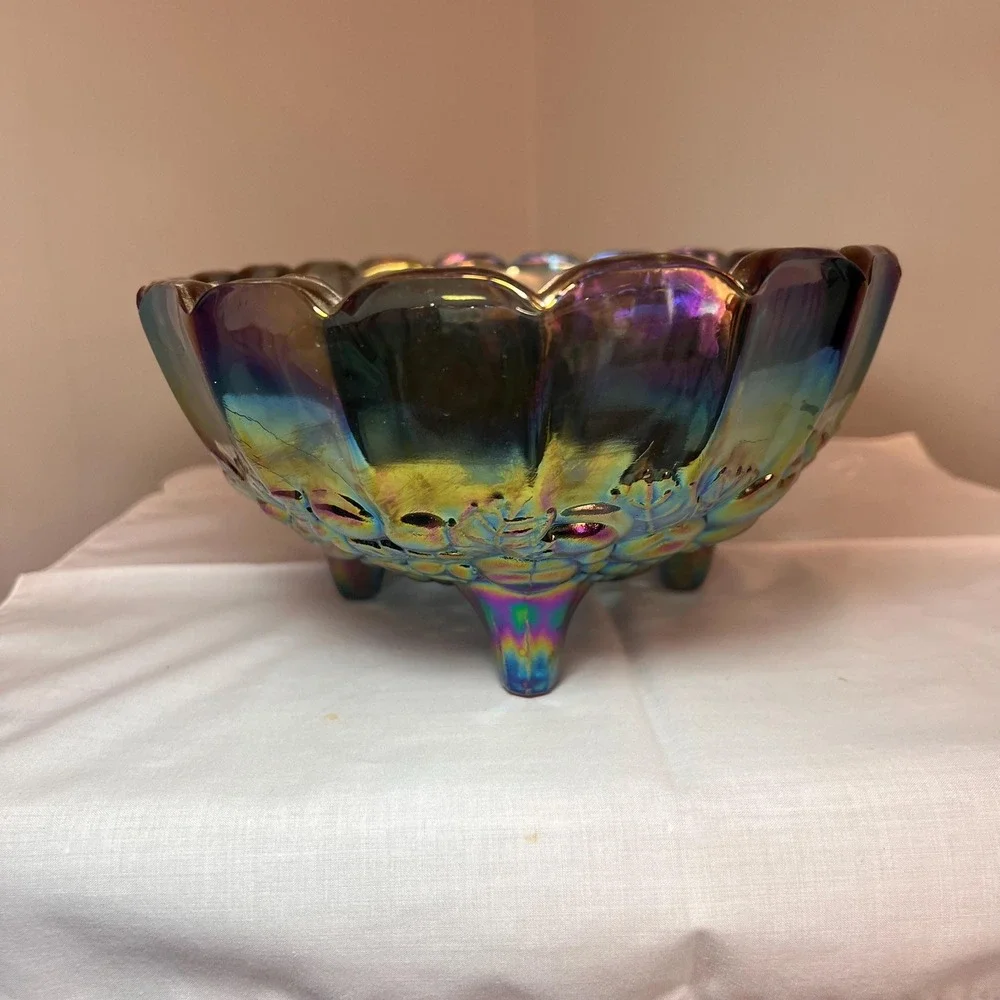 Vintage Carnival Glass Blue Iridescent Footed Fruit Bowl Harvest Pattern 12